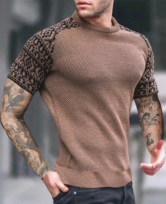 Casual Plain Waffle Spliced Geo Cuffs Round Neckline Polo Shirt